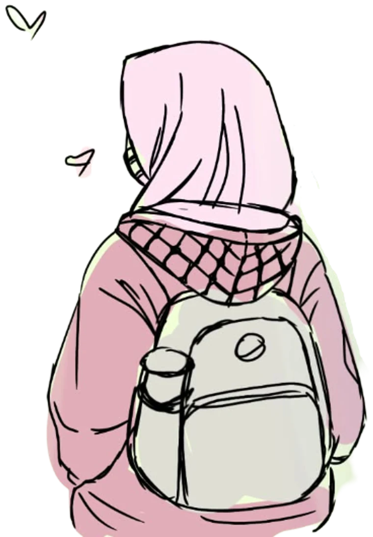 Illustration of Amiw from behind, wearing a pink hijab and a backpack